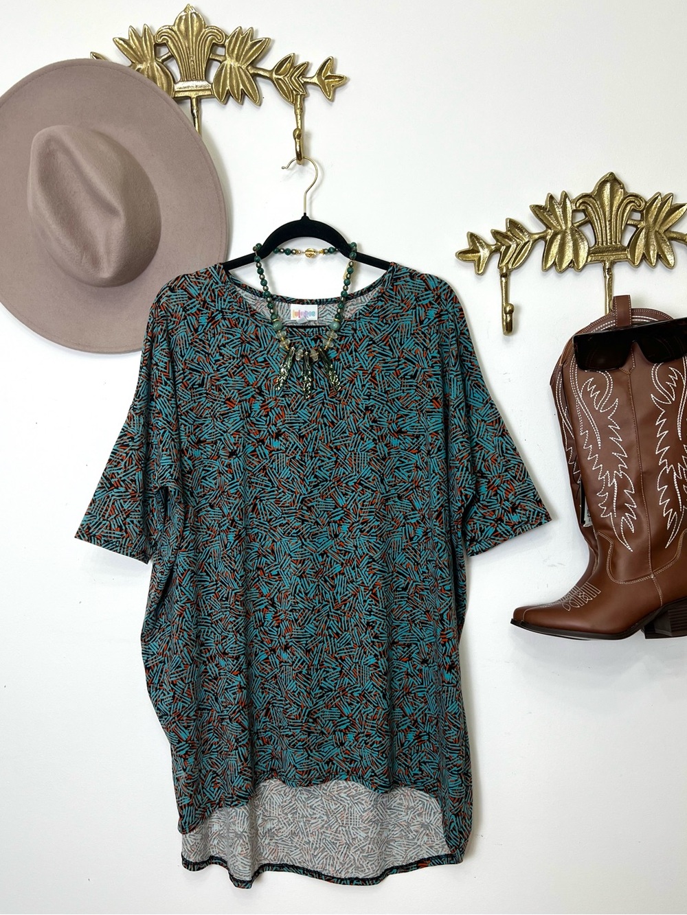 Patterned Teal and Rust Tunic Top Xl